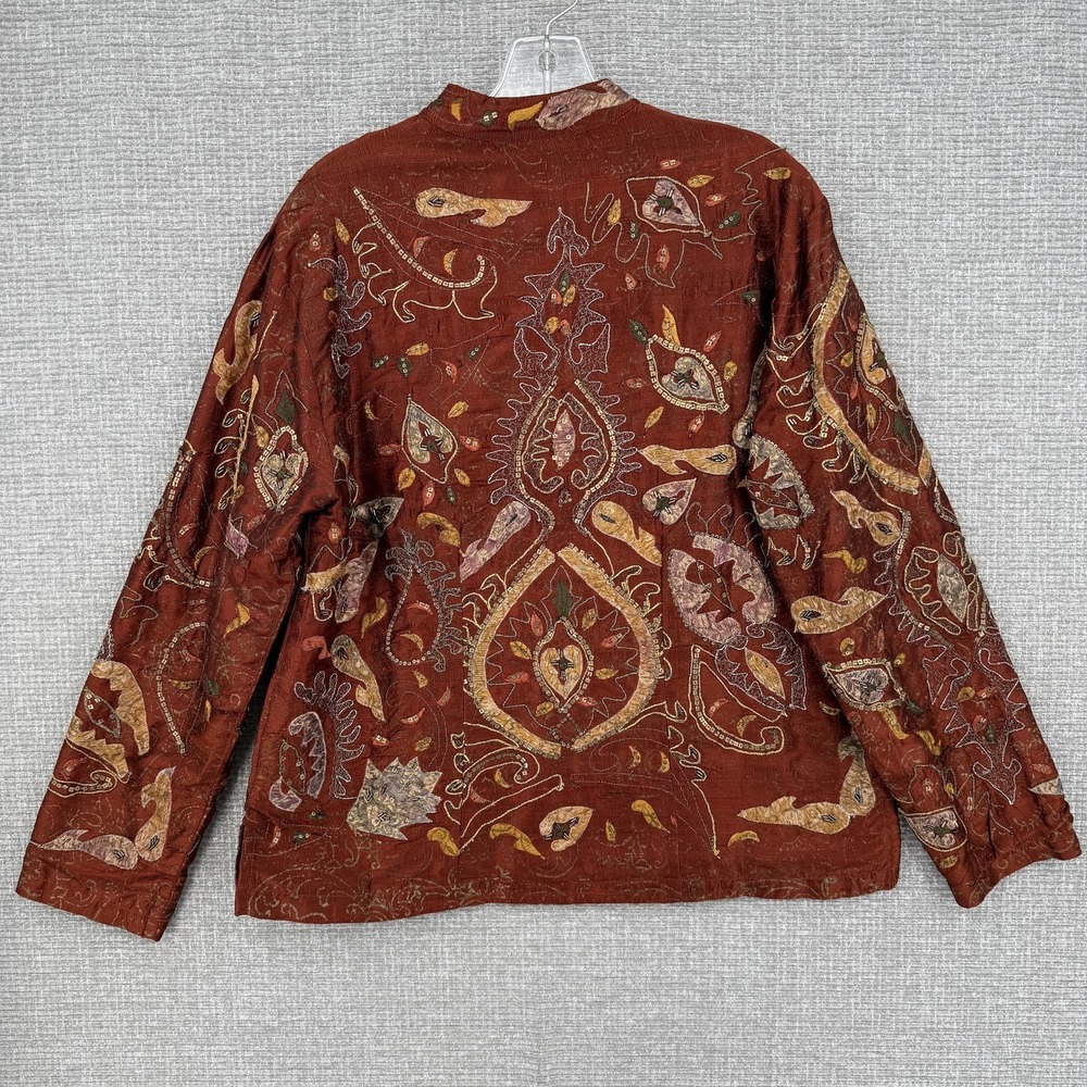 Chico's Jacket Womens M (1) Brown Embroidered Sequin Collared Lined Silk Paisley - Picture 3 of 10